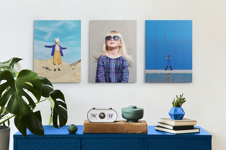 Lifestyle shot of an off-white room, with a large plant, books and decorations blue table, and a floor lamp. Three aluminum wall art images hang above the table.