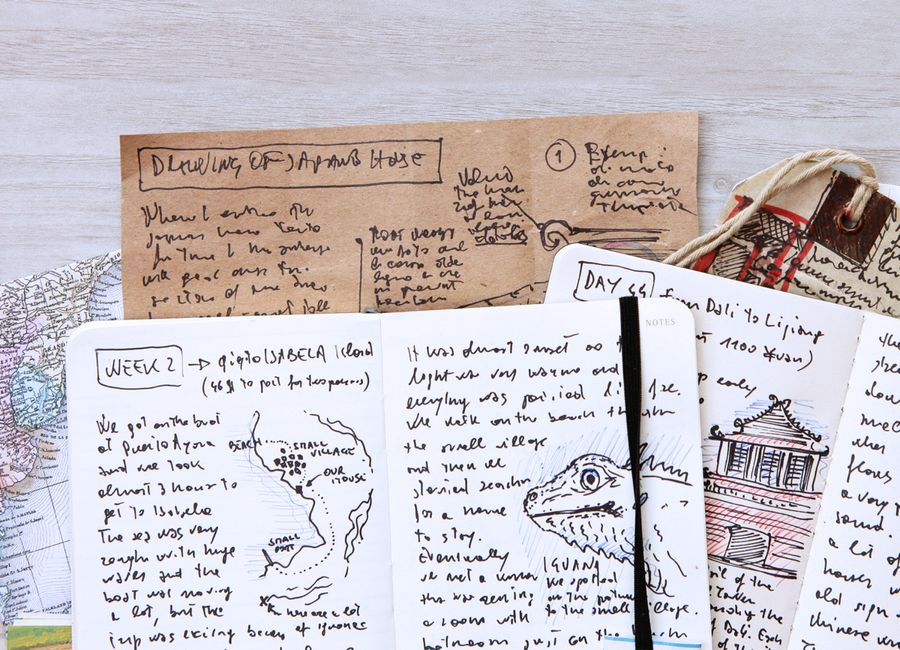 En bild av lösa blad från en resedagbok med skisser och dagboksinlägg.