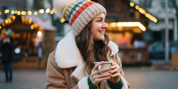 Kvinna i en fluffig kappa och mössa som håller en mugg på en julmarknad, med festliga ljus och stugor i bakgrunden, som illustrerar önskefotos guide till Europas bästa julmarknader.