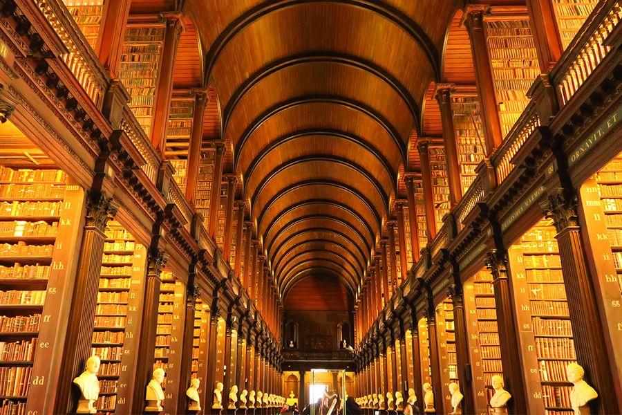 The Long Room på Trinity College i Dublin, ett ikoniskt rum med historiska böcker och vackra takvalv, en perfekt destination för en litterär resa med önskefoto.