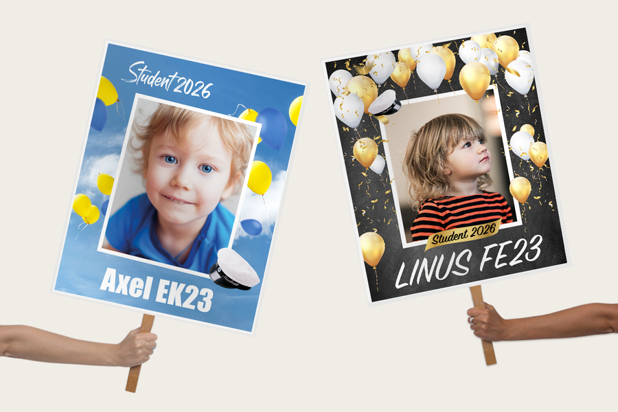 Två studentplakat med ballongmönster, ett i klassiskt blått och gult med en barndomsbild på en pojke och ett i guld och silver mot svart bakgrund med en barndomsbild på en tjej, för studentdagen hos önskefoto.