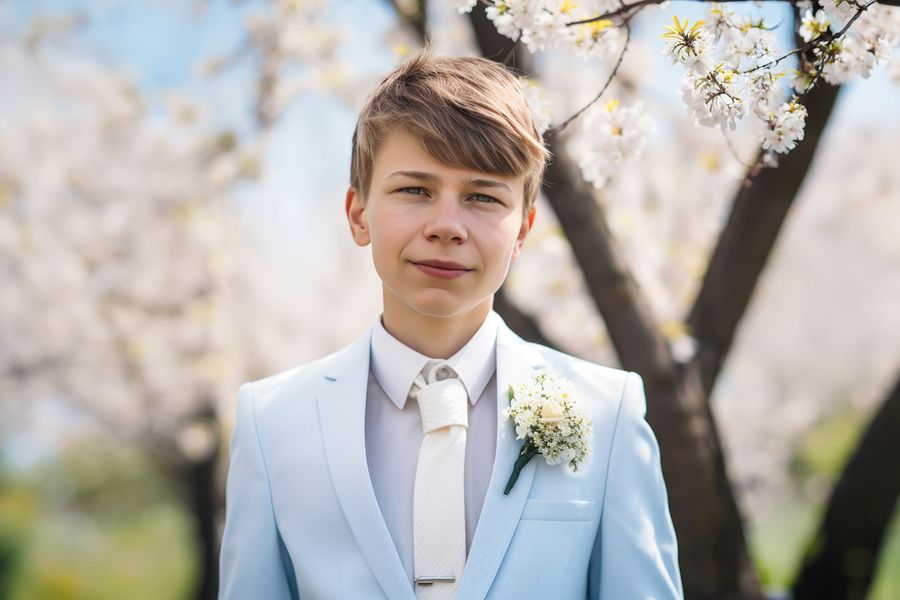 En ung pojke i en vit finkostym för sin konfirmation, en klassisk stil för att fira konfirmation med önskefoto.