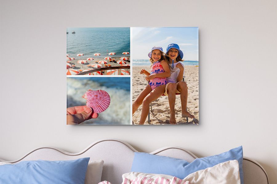I ett sovrum visar ett inramat fotocollage strandinspirerade bilder med snäckor, två tjejer som ler på stranden och parasoller vid havet, som inspiration till somrig inredning och sommardekor i sovrummet.