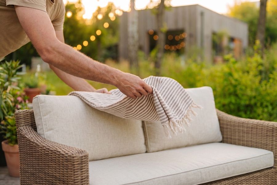 Någon lägger en lätt pläd över en utomhussoffa i trädgården, som inspiration till sommardekoration utomhus och en avslappnad loungekänsla i trädgården.