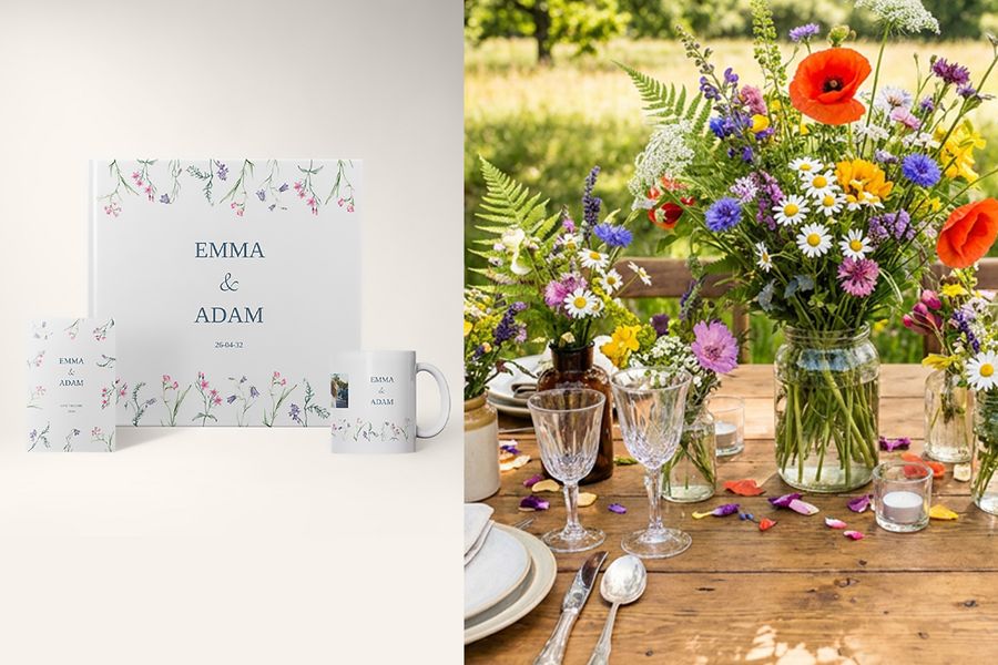 Soft botanical-bröllopsdesignerna från önskefoto visas bredvid ett blommigt bröllopsbord och lyfter fram fina vildblommor, mjuka färgpaletter och bröllopstrender 2026.