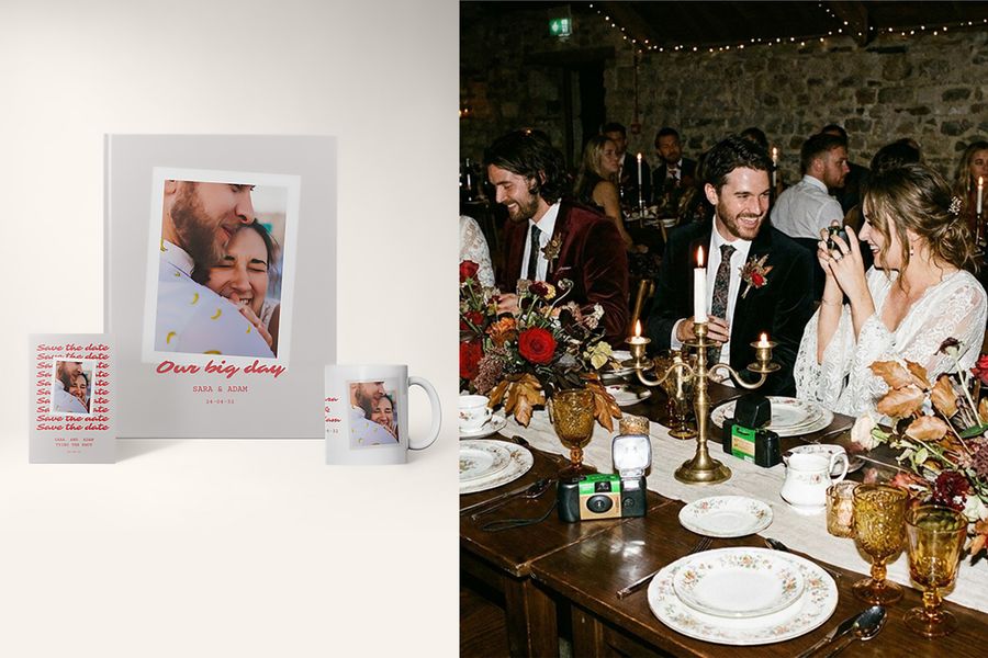 Scripted editorial-bröllopsdesignerna från önskefoto visas bredvid en elegant mörk kvällsreception och lyfter fram en filmisk bröllopsstil, redaktionella detaljer och bröllopstrender 2026.