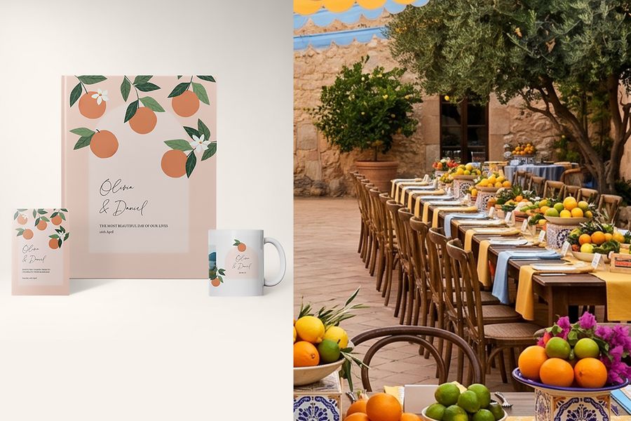 Modern orchard-bröllopsdesignerna från önskefoto visas bredvid bröllopsbord med fruktarrangemang och citronträd och lyfter fram medelhavsstil, citrusdetaljer och bröllopstrender 2026.