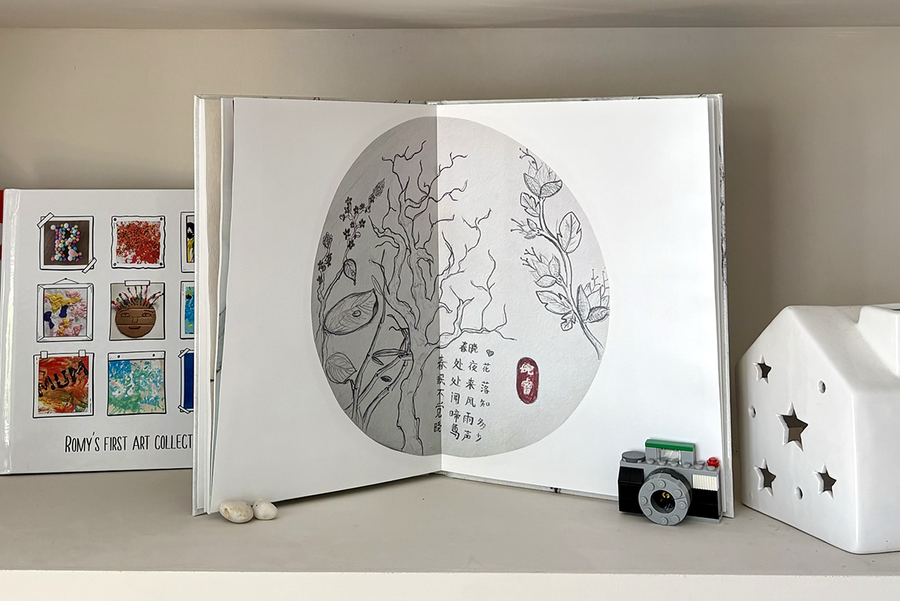 En öppen barnfotobok visar ett helsidesuppslag med trädskisser och text, bredvid en stängd fotobok med ett scrapbook-inspirerat omslag med olika exempel på barnkonst, som illustrerar det meningsfulla minne en önskefoto barnfotobok skapar.