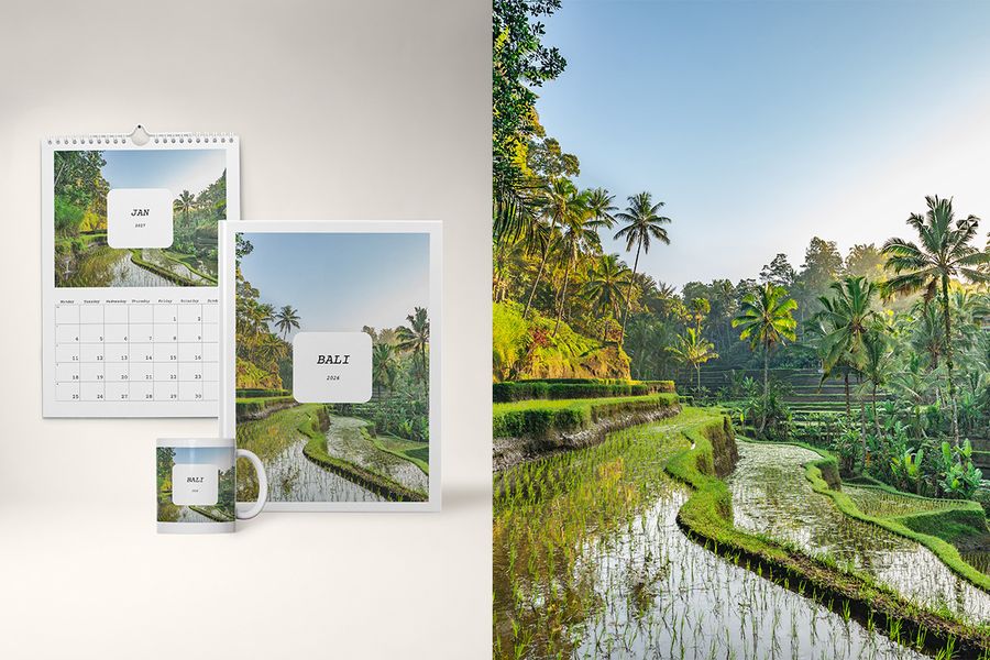En fotobok, kalender och mugg i Full Story-designen från önskefoto, med djärv, lagrad typografi och redaktionella layouter som läses som en resedagbok.