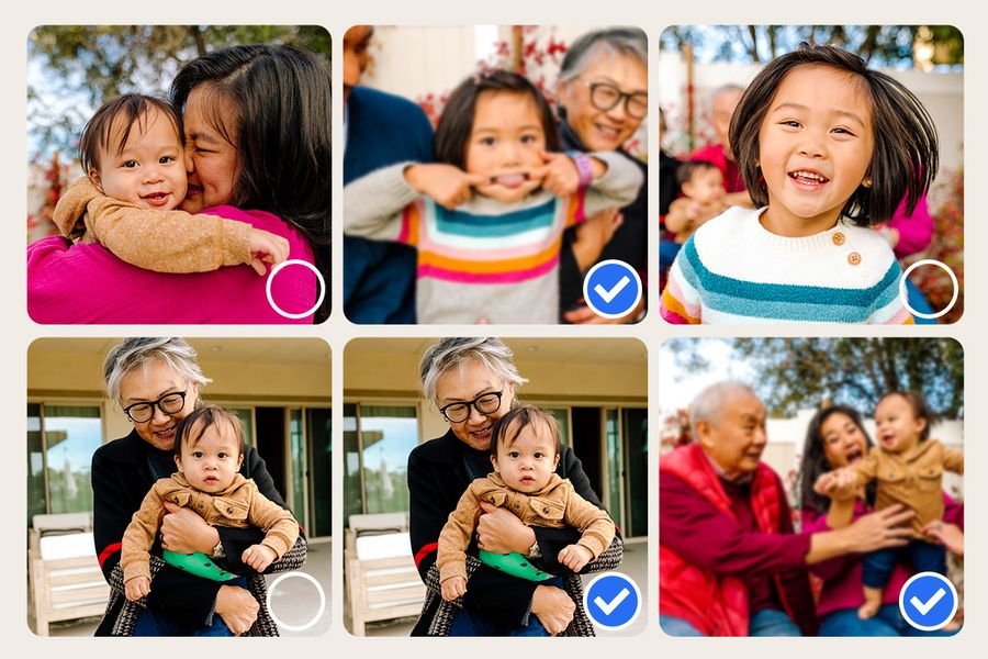 En samling nästan identiska bilder visar flera bilder av samma familj, vilket illustrerar önskefotos snabbaste knep för att frigöra lagringsutrymme genom att sortera bort dubbletter.