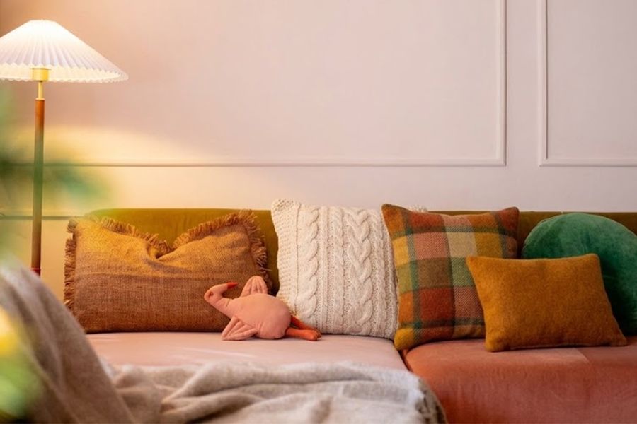 Ett mysigt vardagsrum med en varm golvlampa bredvid en soffa med olika kuddar, bland annat en gingham-rutig i orangea toner och en grön sammetskudde, i höstfärger, vilket illustrerar önskefotos tips för att undvika vanliga hygge-misstag med mjuka texturer och varm belysning.