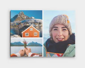 Ett fotocollage på canvas med två landskapsbilder och ett foto av en leende person.