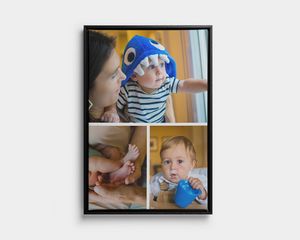 Inramat fotocollage på canvas med tre bilder på ett barn