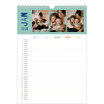 Fotokalender A4 Enkel — Färgglad kalender - Familj på 5