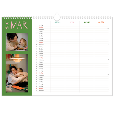A3 Fotokalender — Färgglad kalender - Familj på 4 [Mars]