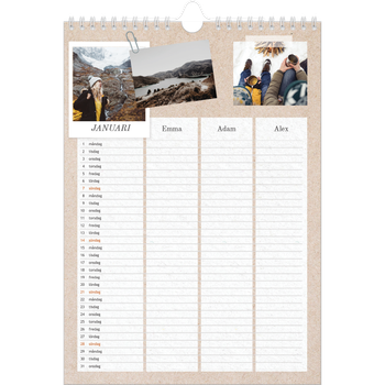Fotokalender A3 Enkel — Planerare i naturlig stil - Familj på 3