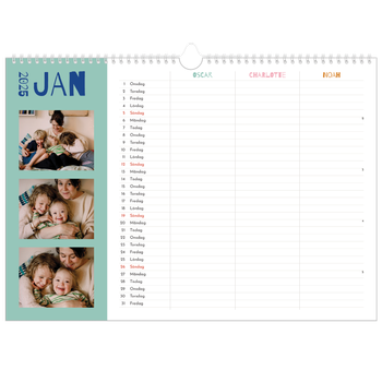 Fotokalender A3 Enkel — Färgglad kalender - Familj på 3