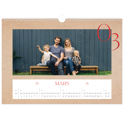 Fotokalender A3 Enkel — Röda detaljer [Mars]