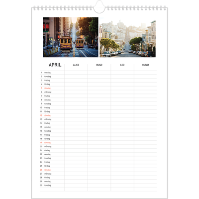 A3 Familjeplanerare — Enkel planerare - Familj på 4 [April]