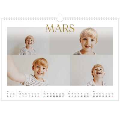Fotokalender A3 Enkel — Stort teckensnitt i guld [Mars]