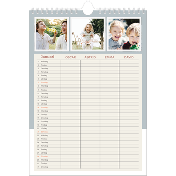 Fotokalender A4 Enkel — Familjekalender i naturfärger - Familj på 4