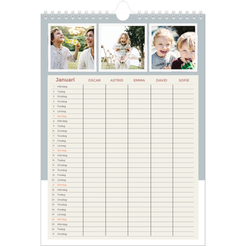Fotokalender A4 Enkel — Familjekalender i naturfärger - Familj på 5