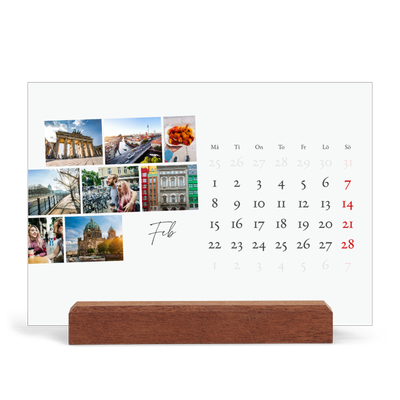 Skrivbordskalender med träställ - Liggande  — Stadssemester (vit) [Februari]
