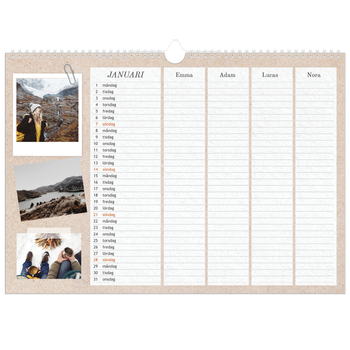 Fotokalender A3 Enkel — Planerare i naturlig stil - Familj på 4