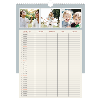 Fotokalender A3 Enkel — Familjekalender i naturfärger - Familj på 4