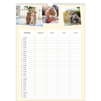 Fotokalender A3 Enkel — Modern planerare - Familj på 4