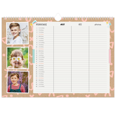 A3 Fotokalender — Rustik planerare - Familj på 3 [Februari]