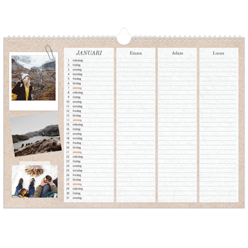 Fotokalender A3 Enkel — Planerare i naturlig stil - Familj på 3