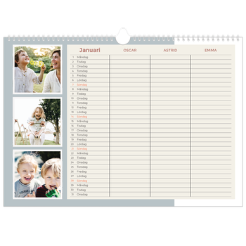 Fotokalender A3 Enkel — Familjekalender i naturfärger - Familj på 3