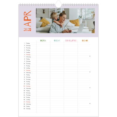 A3 Familjeplanerare — Färgglad kalender - Familj på 4 [April]