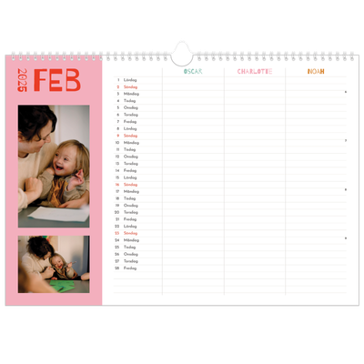 A3 Fotokalender — Färgglad kalender - Familj på 3 [Februari]