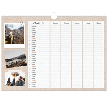 Fotokalender A3 Enkel — Planerare i naturlig stil - Familj på 5