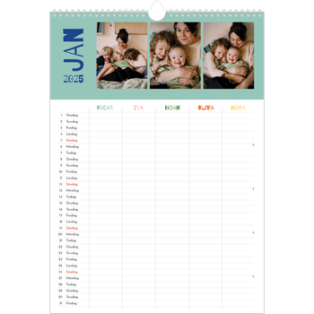 Fotokalender A3 Enkel — Färgglad kalender - Familj på 5