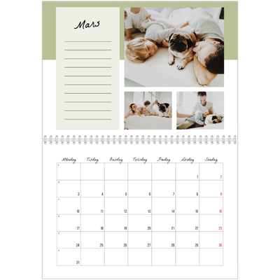 Fotokalender A3 Klassisk (30 x 40 cm) — Kalenderlista [Mars]