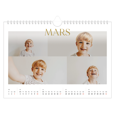 Fotokalender A4 Enkel — Stort teckensnitt i guld [Mars]